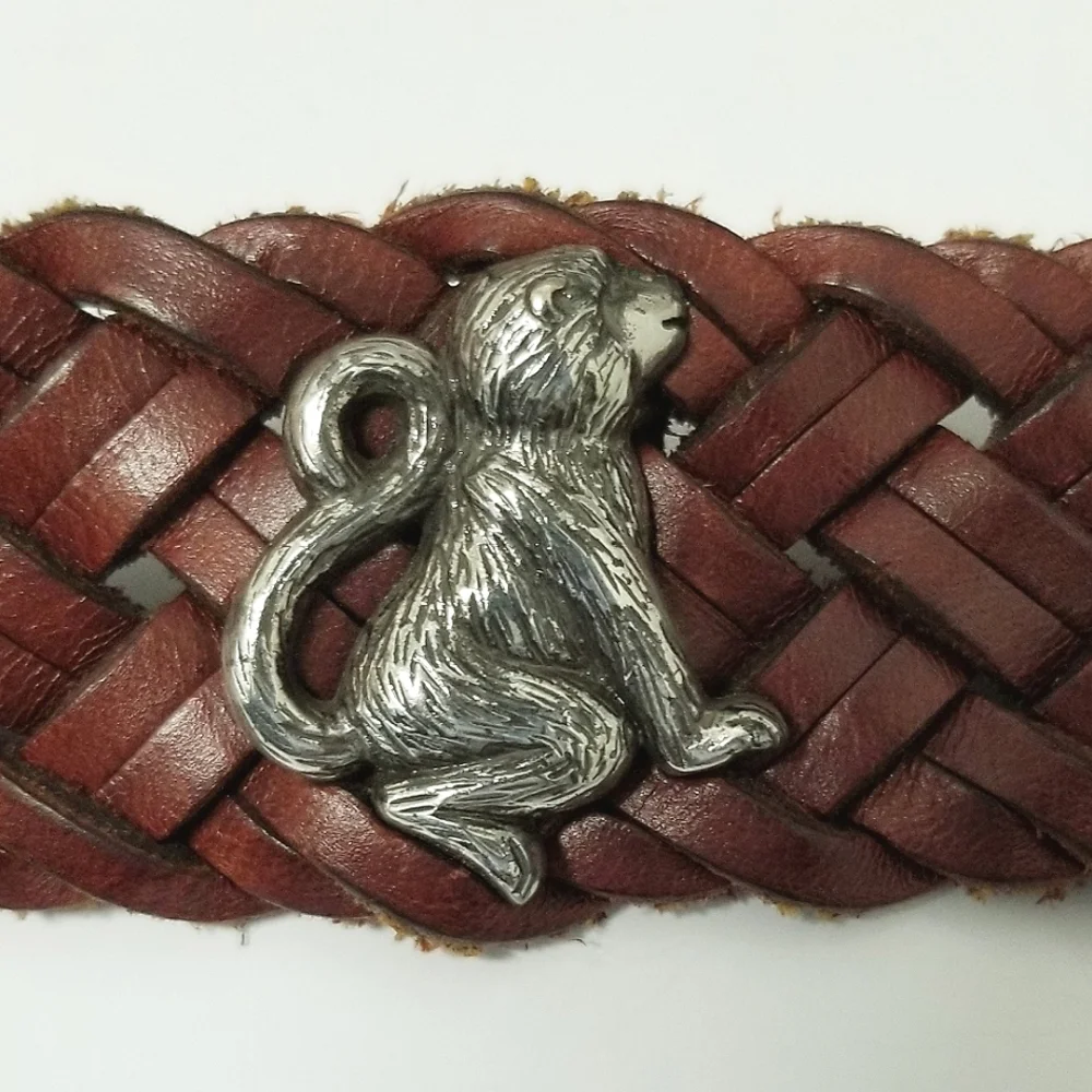 Brighton Vintage 90's Leather Belt Brown Braided Silver-tone Zoo Animals Sz 30